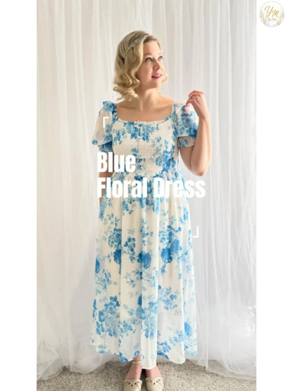 Women's Floral Puff Sleeve Chiffon Midi Dress with Pockets